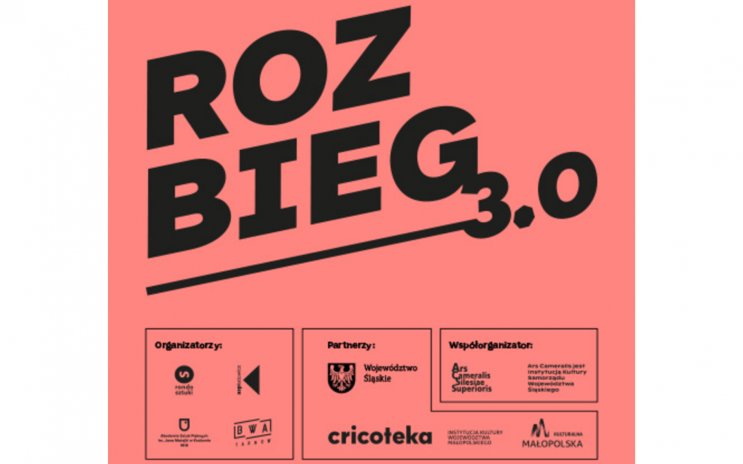 Grafika: na łososiowym tle z czarnym napisem "Rozbieg 3.0" i logotypami organizatorów, współorganizatorów i partnerów.