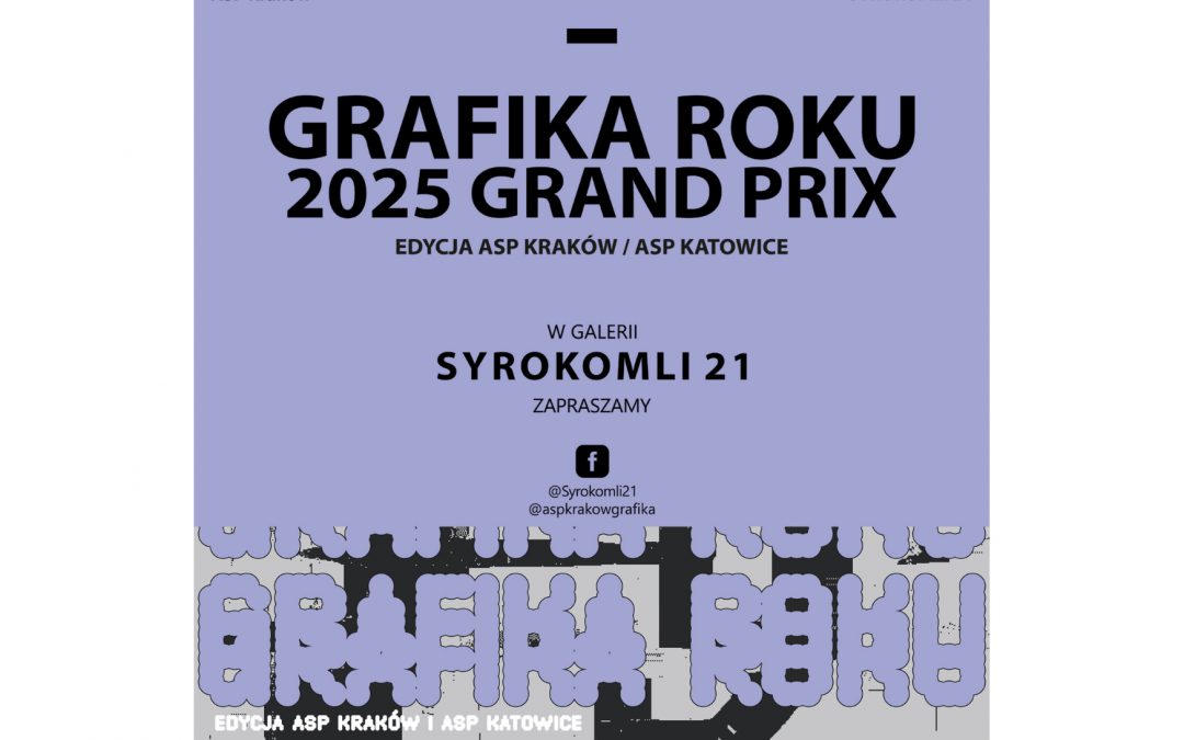 Plakat wydarzenia w odcieniach fioletu i szarości, informująca o szczegółach wystawy.