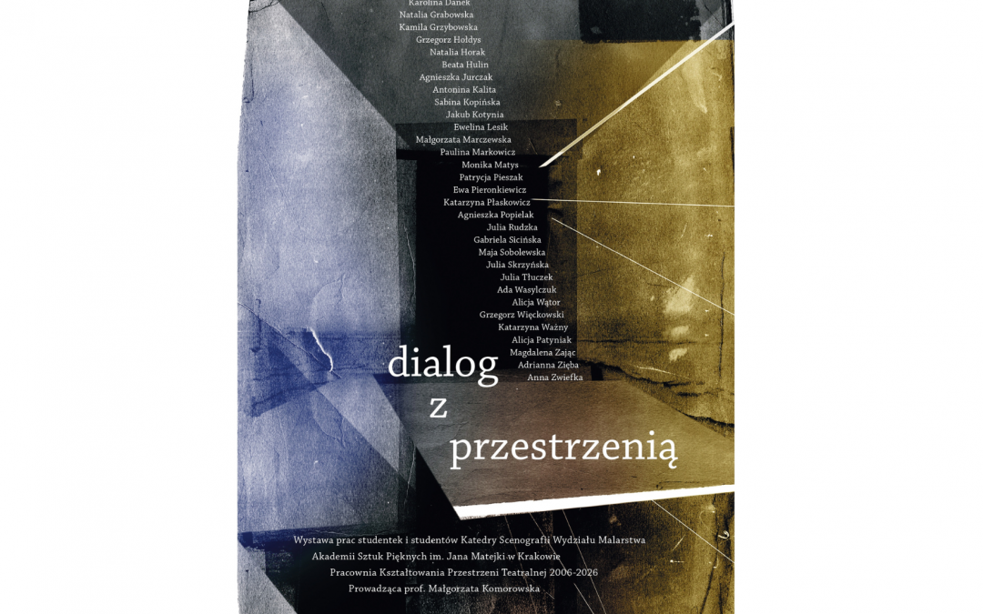 Plakat z listą autorów prac pokazywanych na wystawie. Tło w odcieniach żółci i niebieskiego.