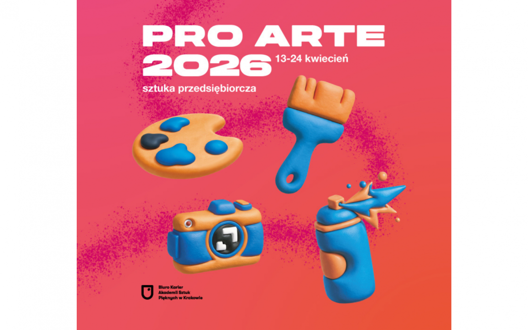 Grafika: niebiesko-beżowe paleta, pędzel, aparat i sprej na różowo-pomarańczowym tle. Biały napis "Pro Arte 2026".