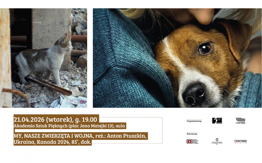 Dwa zdjęcia obok siebie. Na pierwszym widać kota stojącego na ruinach budynku. Na drugim zbliżenie na osobę obejmującą szczenię. Pod spodem biały tekst na brązowym tle z danymi na temat seansu.