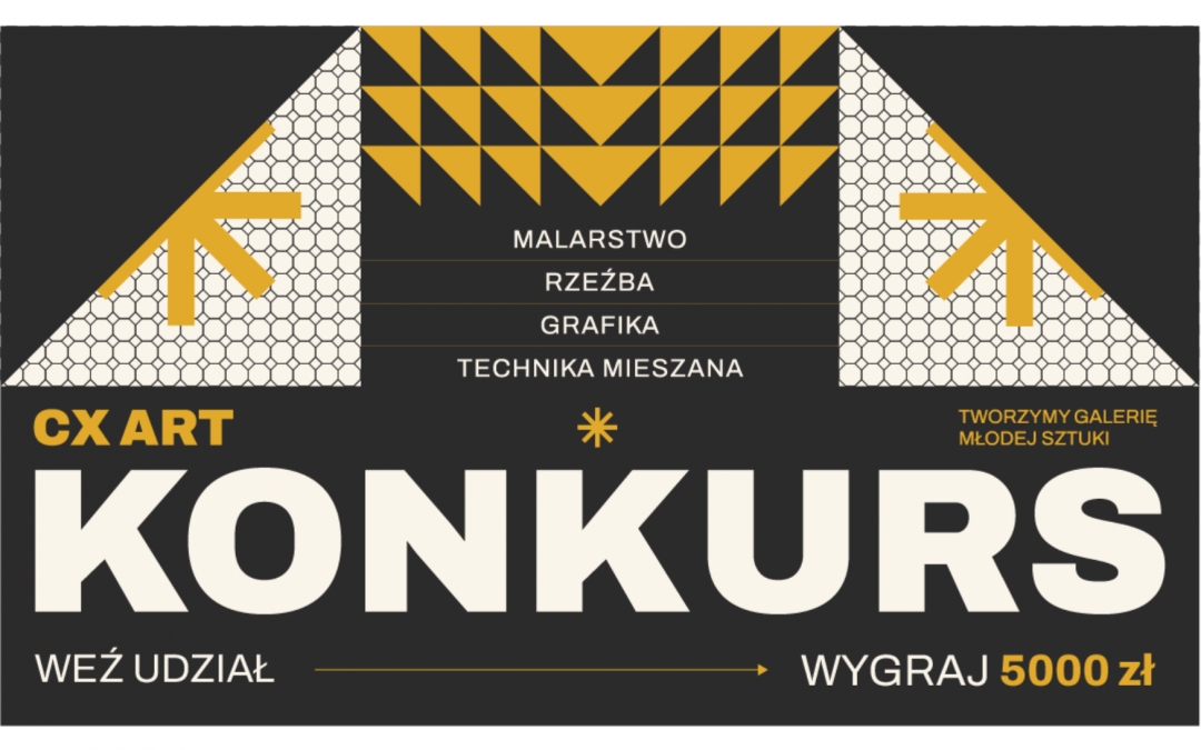 Grafika: geometryczne kształty w kolorach żółtym i białym na czarnym tle. Biały napis: KONKURS