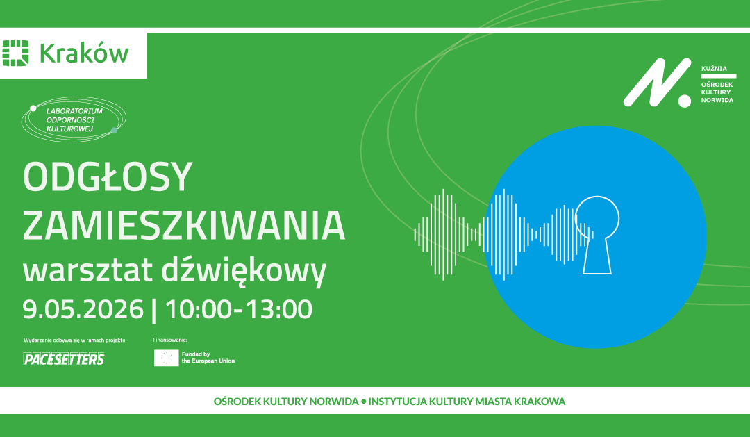 Grafika: na zielonym tle jest niebieskie koło, a na nim białe linie, przedstawiające fale dźwiękowe. Biały napis: odgłosy zamieszkiwania. warsztat dźwiękowy.