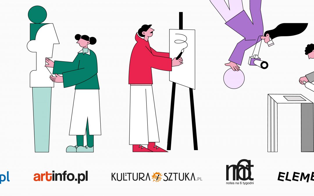 Grafika: Na białym tle siedem postaci - każda ma ubrania w innym kolorze, charakterystycznym dla danego wydziału. Rzeźba - zielony, malarstwo - czerwony, wrchitektura wnętrz - niebieski, grafika - szary, formy przemysłowe - żółty, konserwacja i restauracja dzieł sztuki - brązowy. Obok pomarańczowy napis: Wystawa Końcoworoczna.
