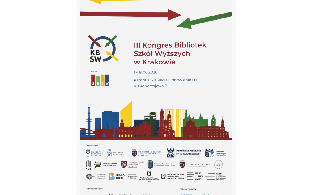 Plakat III Kongresu Bibliotek Szkół Wyższych. Grafika: jasnoszare tło, kolorowa panorama miasta, logotypy współorganizatorów.