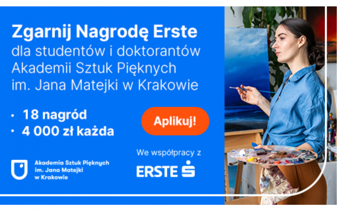 Grafika: niebieskie tło, na nim biały tekst: Zgarnij Nagrodę Erste. Obok zdjęcie kobiety w niebieskiej koszulki, malującej obraz.