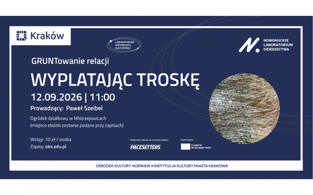 Grafika: Na granatowym tle biały napis: GRUNTowanie relacji: Wyplatając troskę. Obok zdjęcie naturalnych włókien.