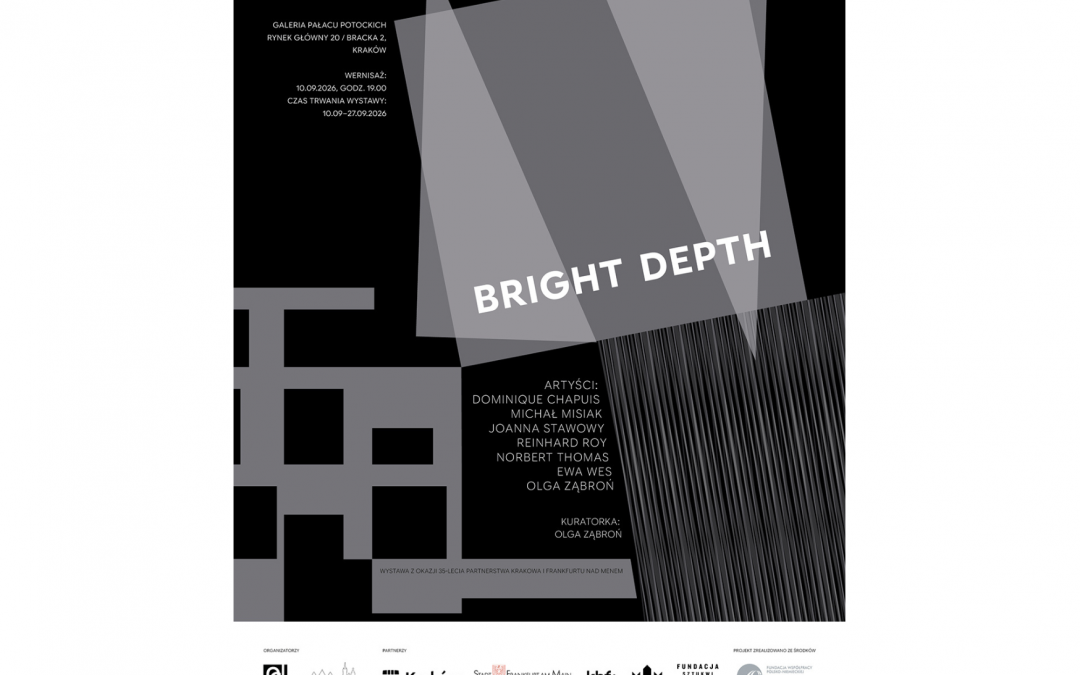 Grafika: Szare figury geometryczne na czarnym tle. Biały napis: Bright depth